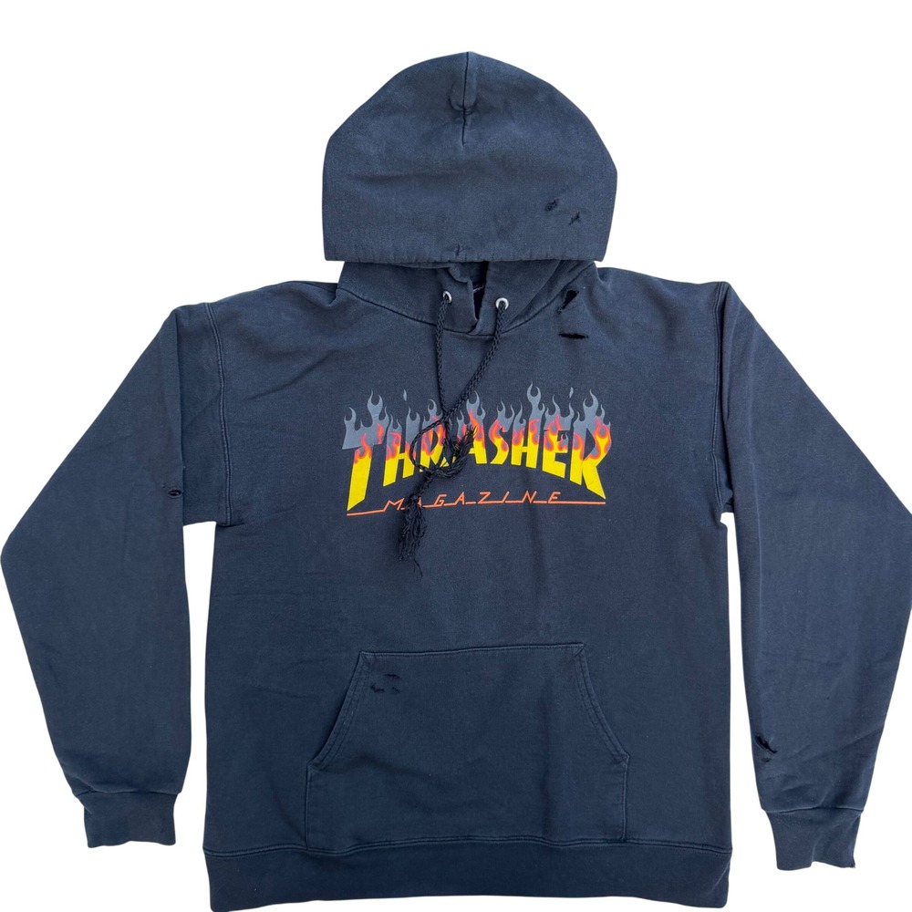 Thrasher Hoodie Flame Logo Distressed Faded Black Skater Grunge Streetwear M
